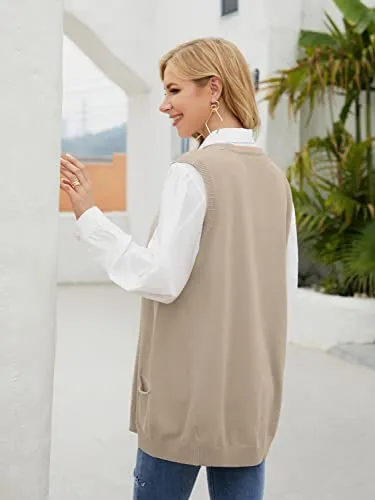 Sweater Vest Womens Knitted Oversized V Neck Sleeveless Sweater Knitwear Tank Tops with Pocket (S-3XL)