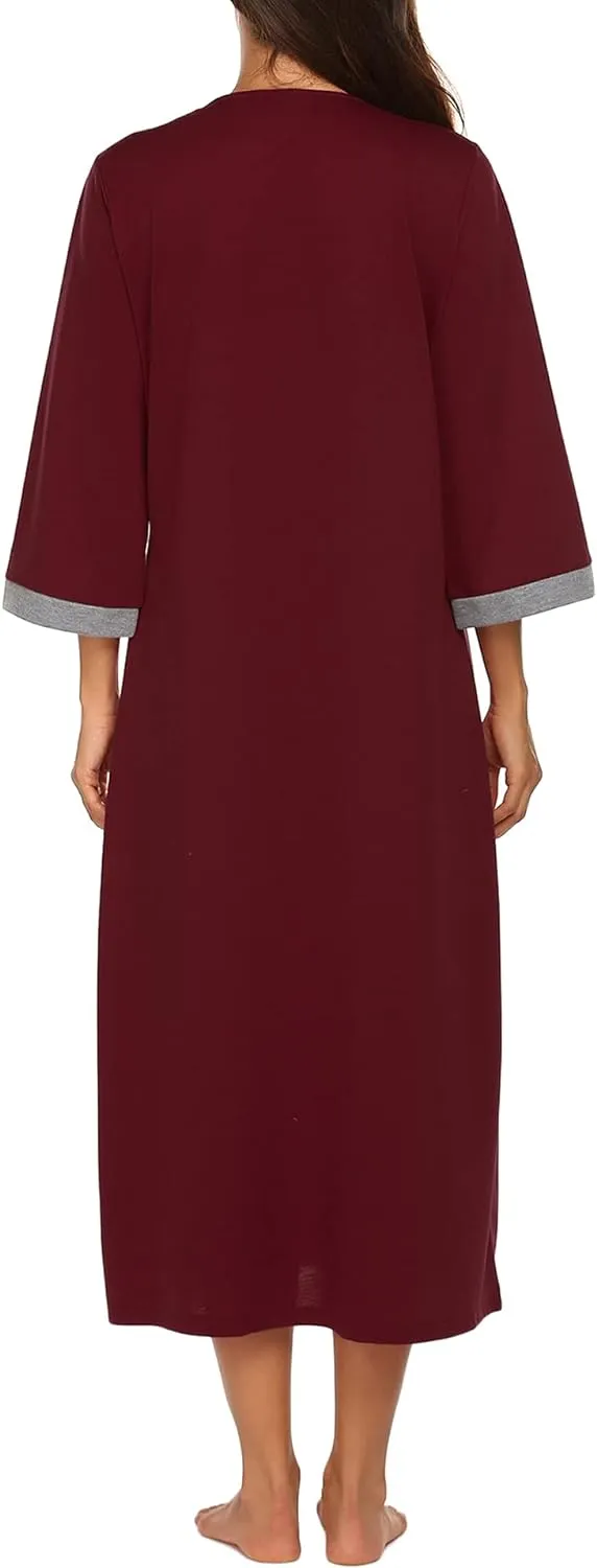 50% OFF Women Zipper Robe 3/4 Sleeves Loungewear Dress Full Length Sleepwear Pockets Housecoat Nightgown Long Bathrobe