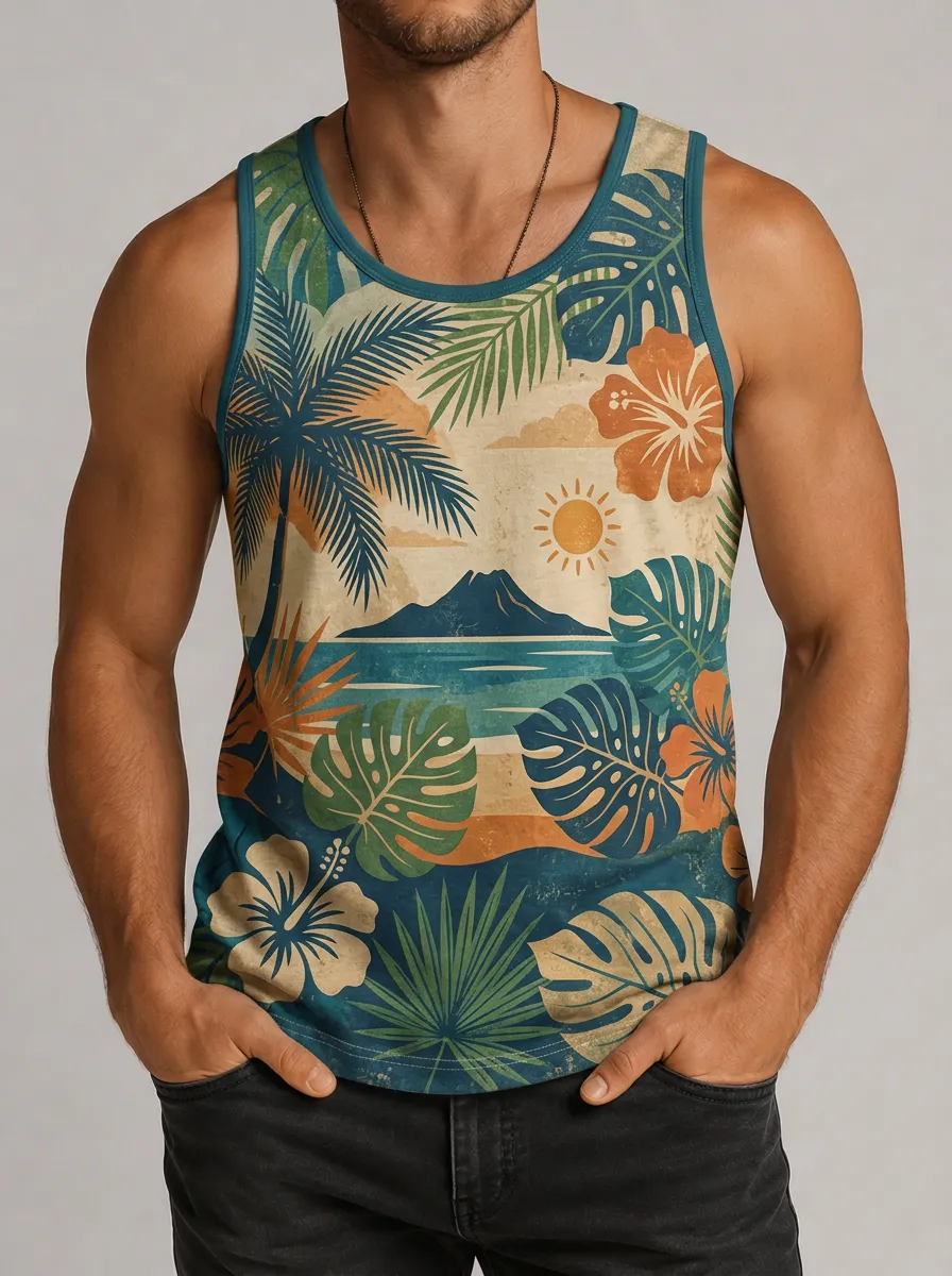Men's Tropical Beach Lover Island Palm Hibiscus Printed Tank Top