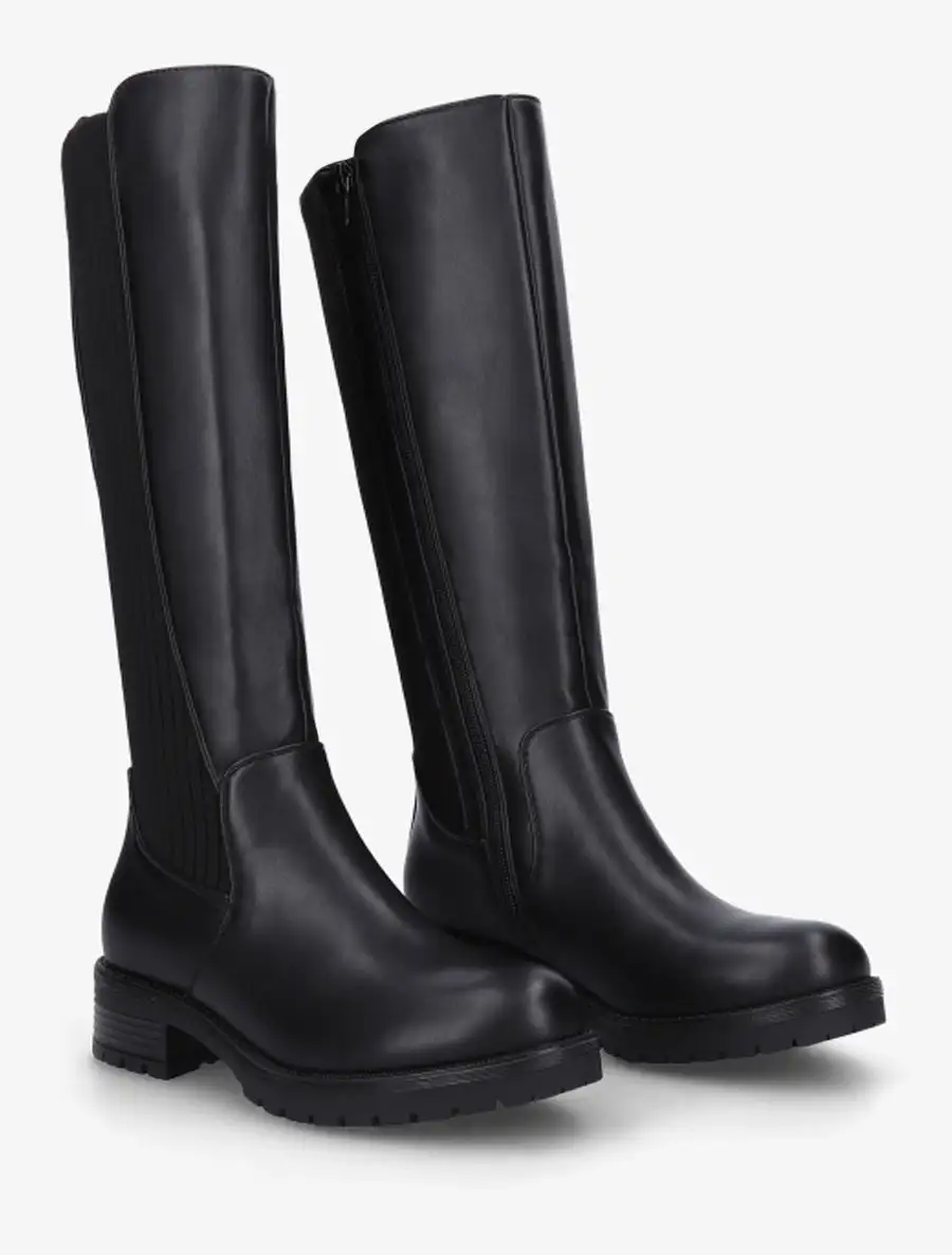Rugged Stretch Panel Block Heel Faux Leather Knee High Boots