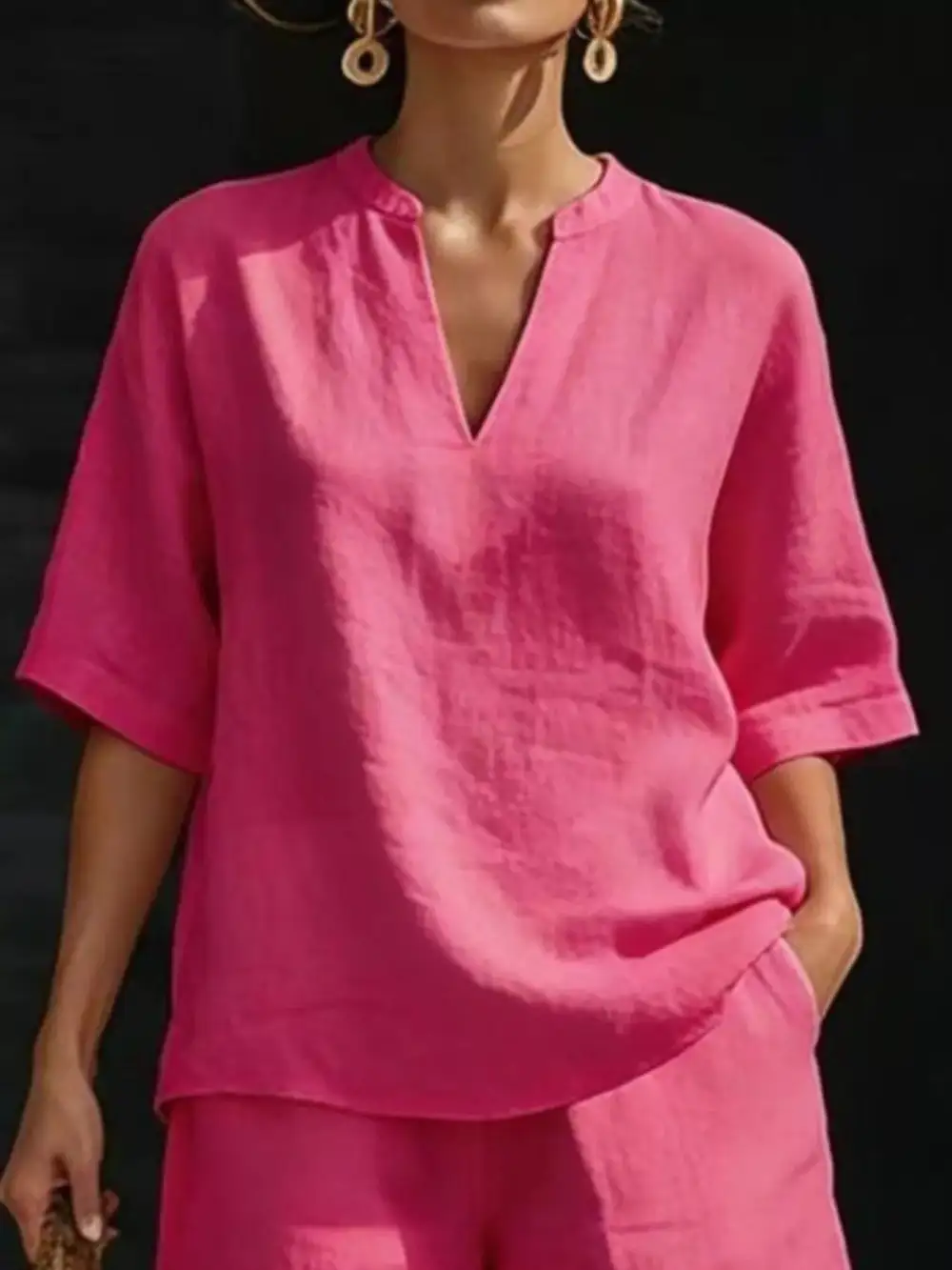 Notched Half Sleeve Top and Shorts Set