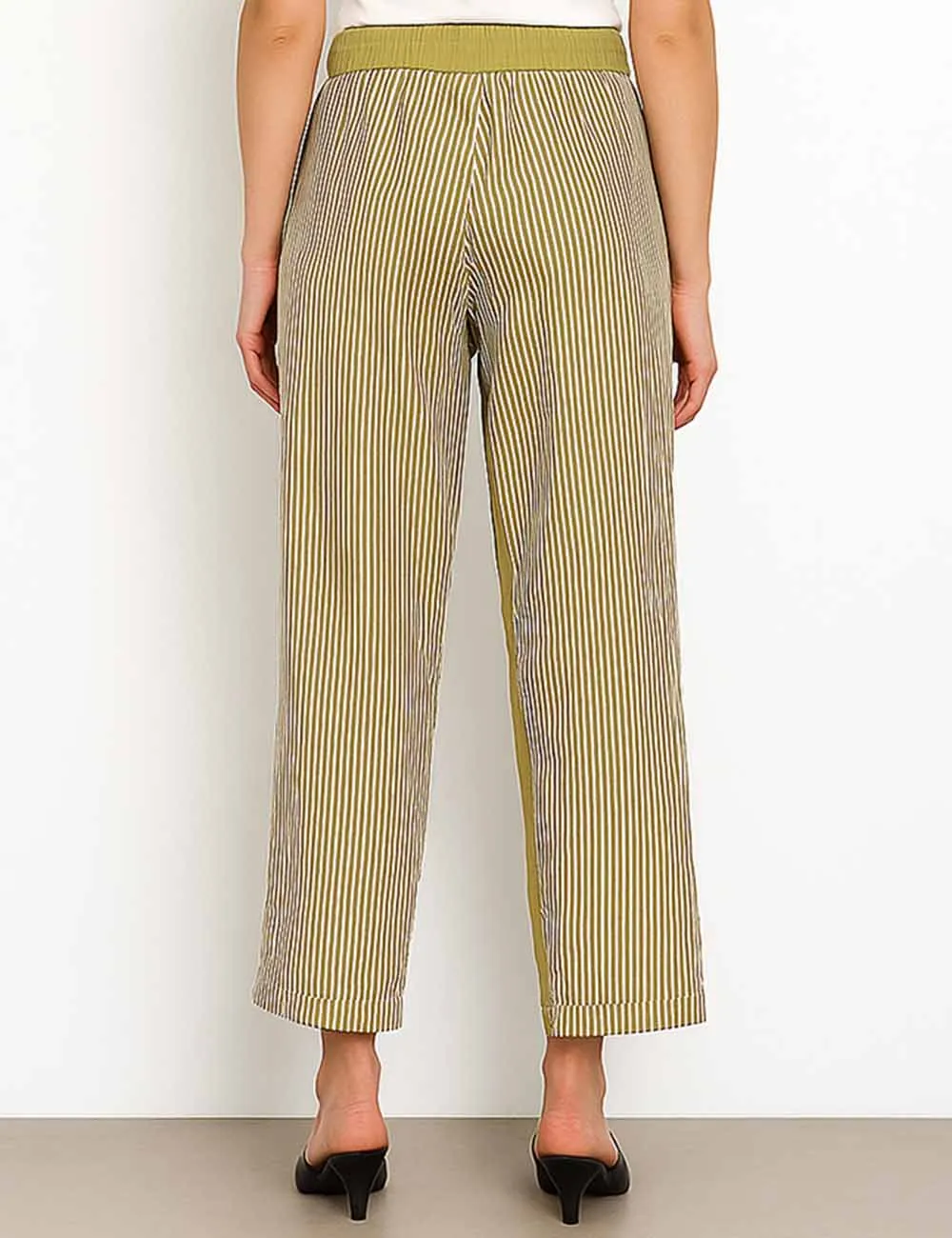 Striped Color Block Elastic Waist Tie Denim Pants