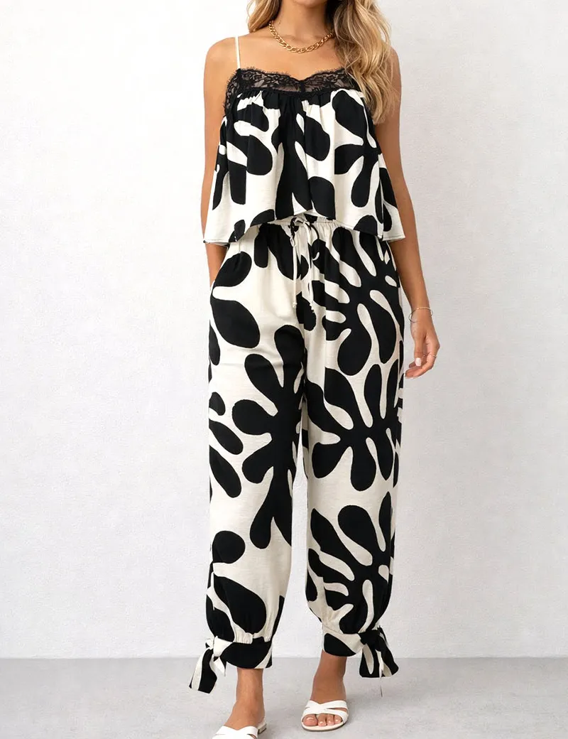 Color Block Drawstring Elastic Waist Loose Pants