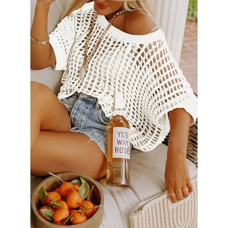 Women's Summer Scoop Neck Short Sleeve Sweater Casual Crochet Hollow Out Knit Tops Pullover Shirts Beach Coverup
