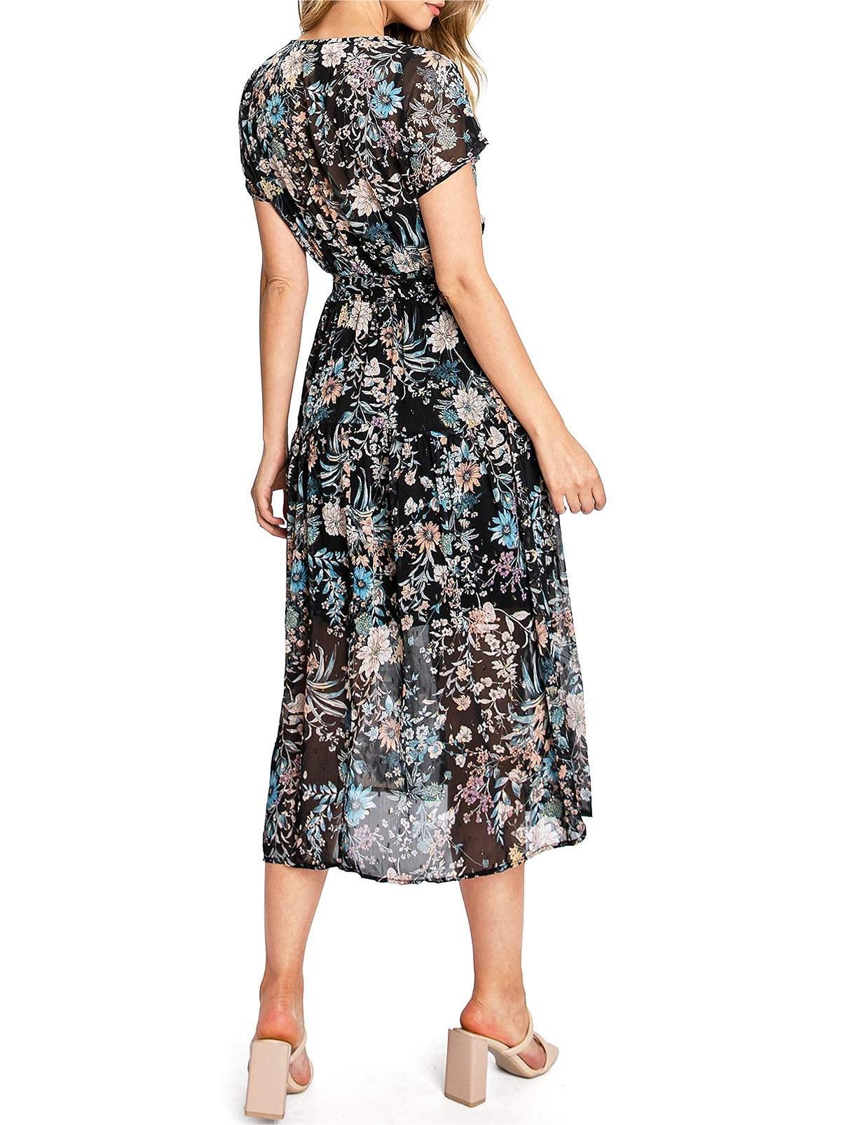 Black Floral Wrap - Style Midi Dress