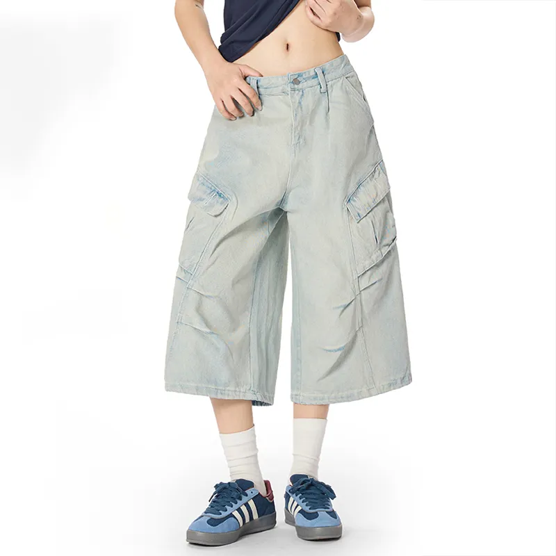 Vintage Wash Distressed Wide Leg Denim Shorts