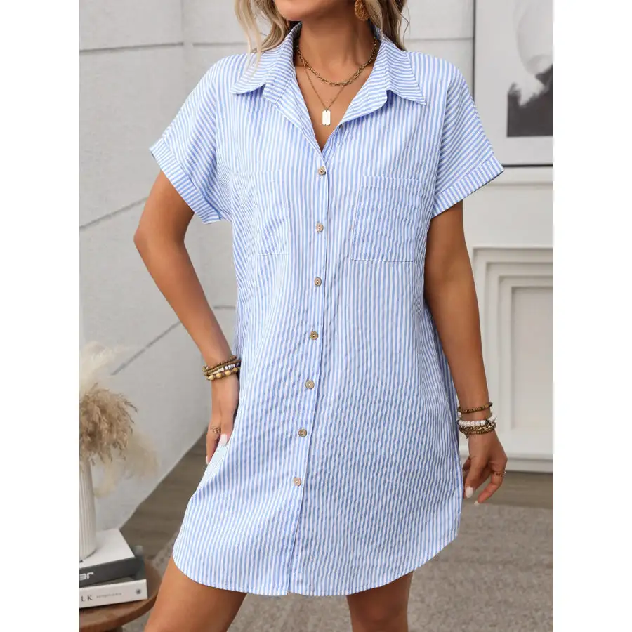 Striped Button Down Short Sleeve Mini Dress