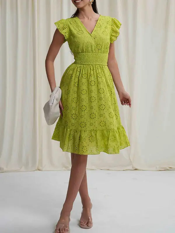 A Line Relaxed Elasticity Hollow Pleated Solid Color V Neck Mini
