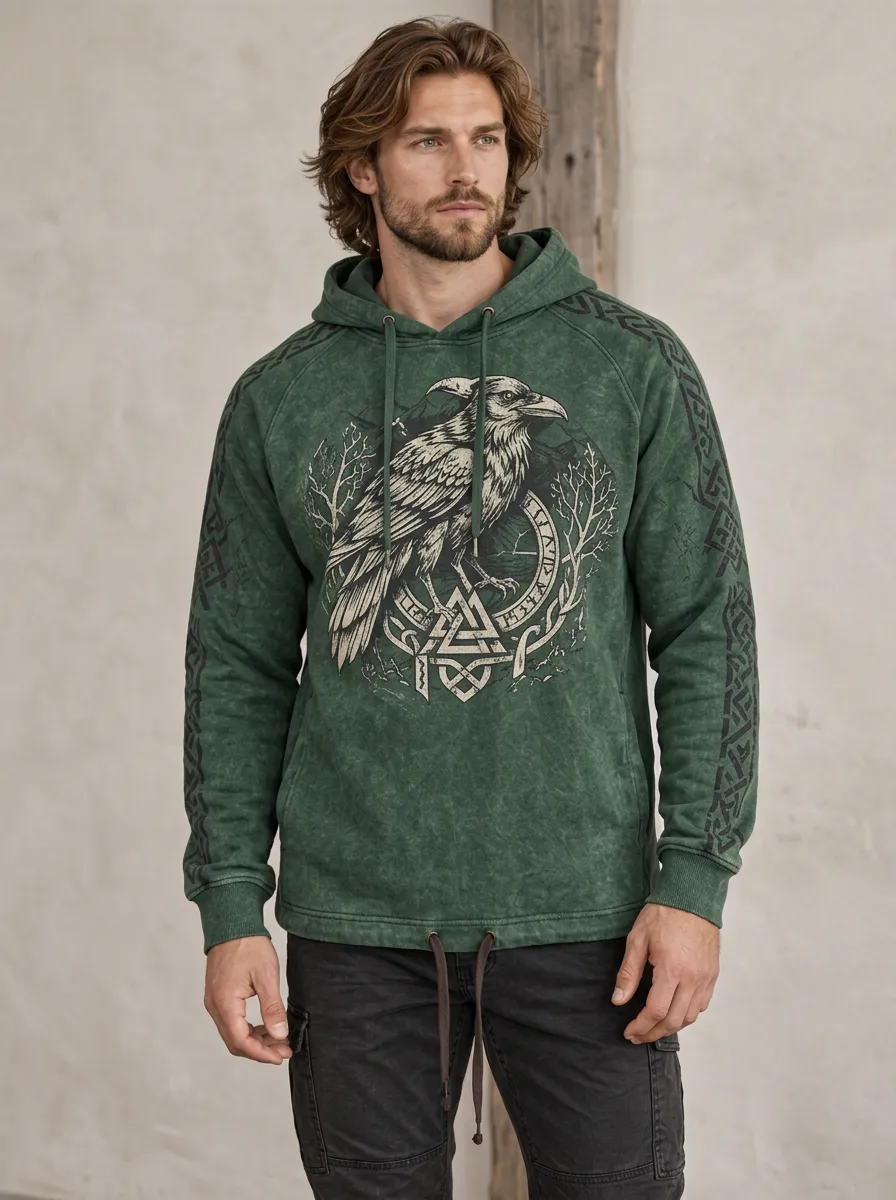 Men's Raven Valknut Knotwork Raglan Pullover Hoodie