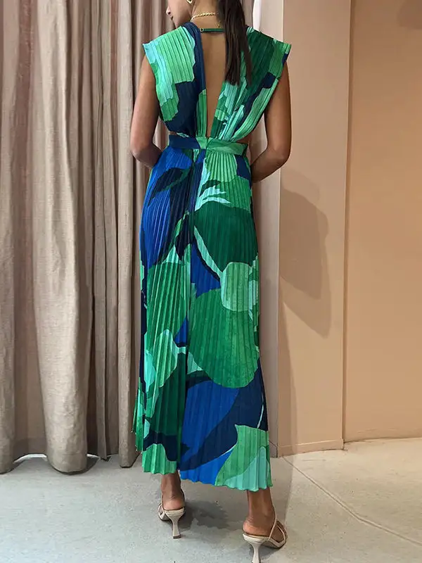Loose Pleated Printed Sleeveless Neck Maxi Dress