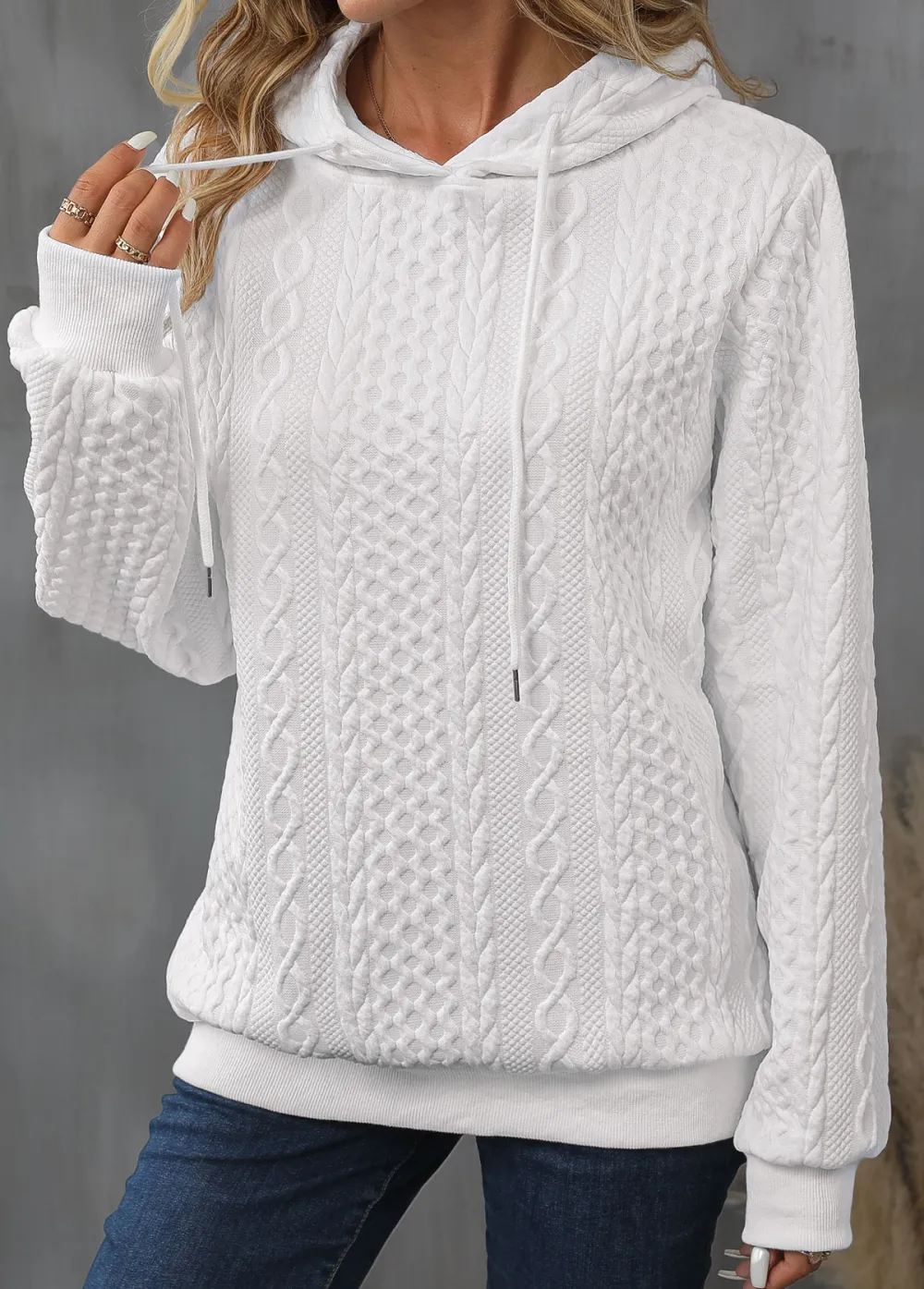 White Drawstring Detail Long Sleeve Hoodie