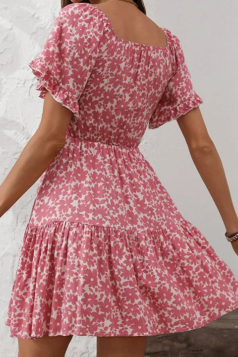 Floral Print Hook Design Mini Dress