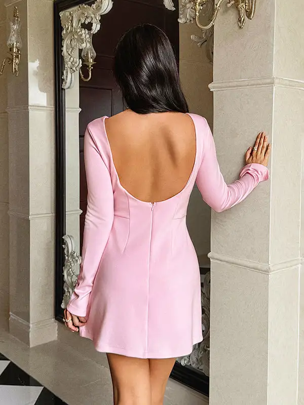 High Waisted Long Sleeve Backless Solid Color Zipper Round Neck Mini