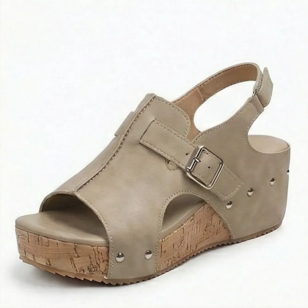 Retro Cork Wedge Sandals with Rivet Detail