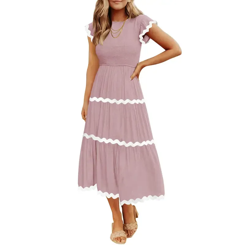 Women's Flowy Short-Sleeved Pleated Midi Dress