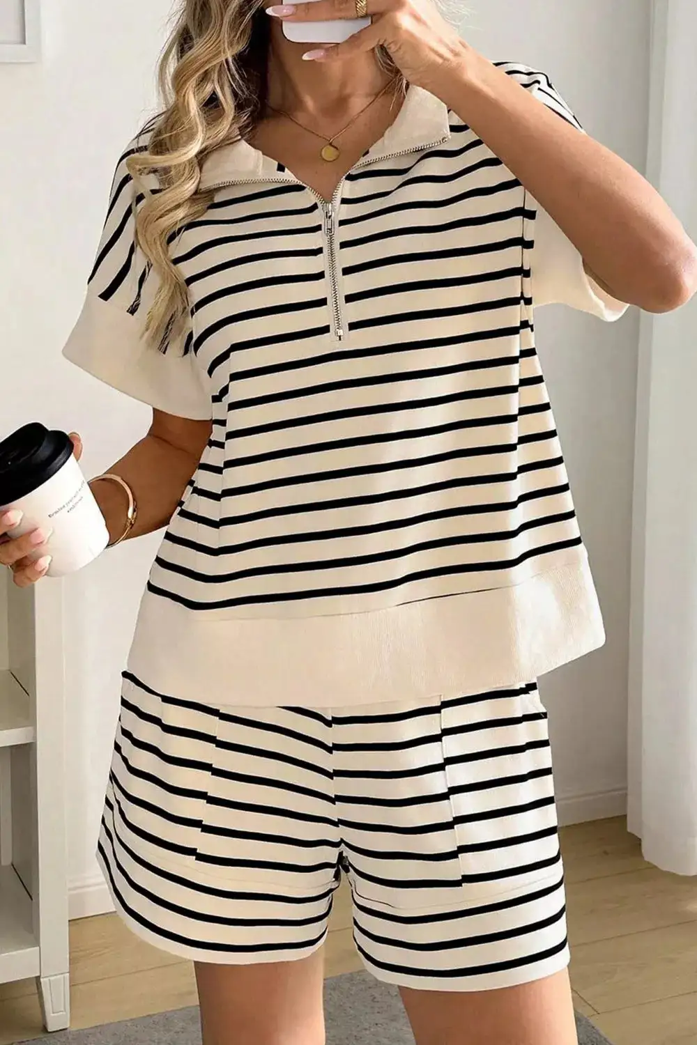 Zip-Detail Cotton Striped Half-Zip Top and Shorts Matching Set