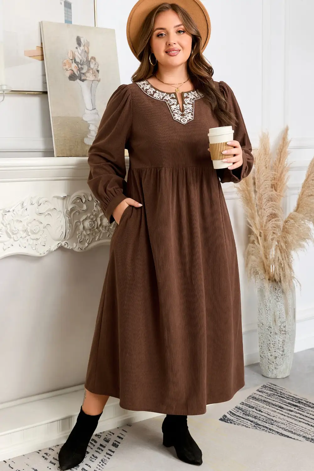 Embroidered Split Neck Pleated Midi Dress