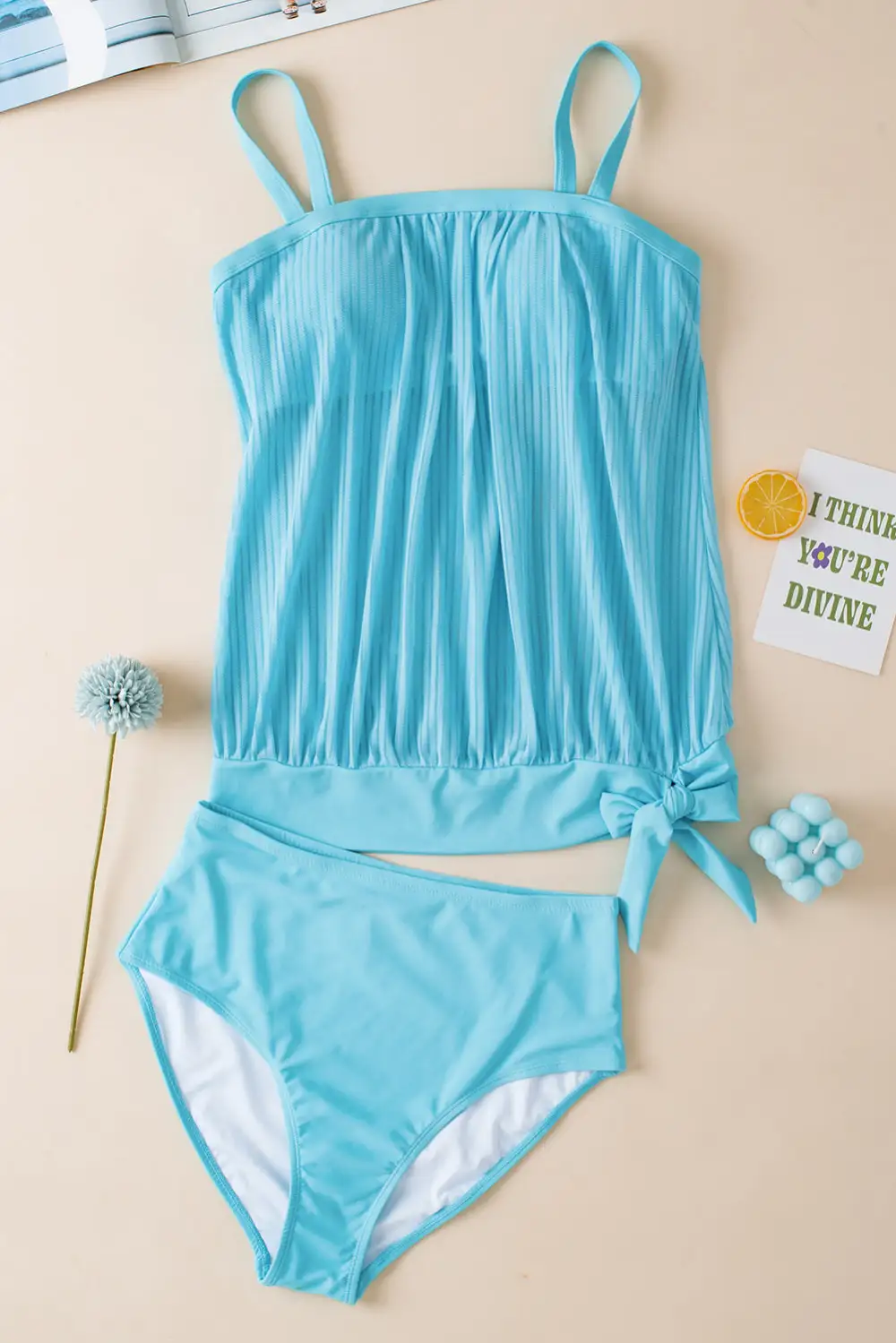 Striped Mesh Knotted Hem Tankini Swim Set