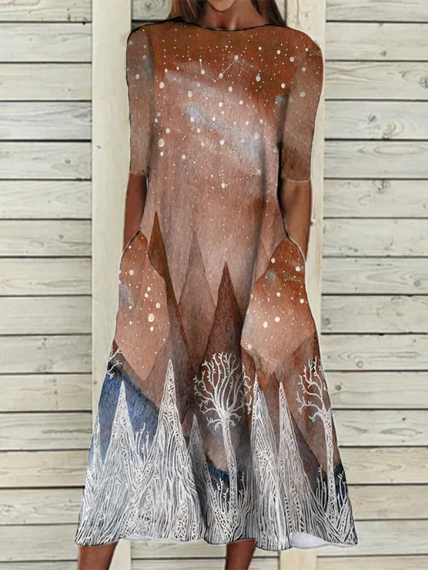 Casual Loose Landscape Print Short-sleeved Midi Dress