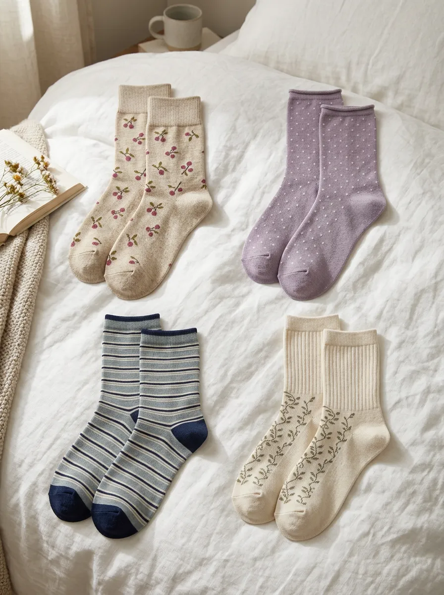 Women's Assorted Cherry Floral Botanical Polka Dot Ribbed Striped Vintage-Inspired 4-Pack Crew Sock Set
