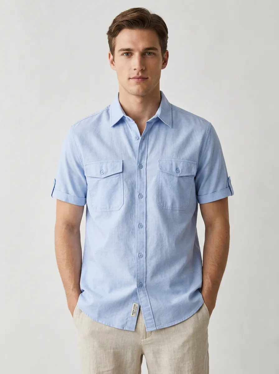 Men's Breathable Casual Light Blue Double Pocket Short Sleeve Shirt