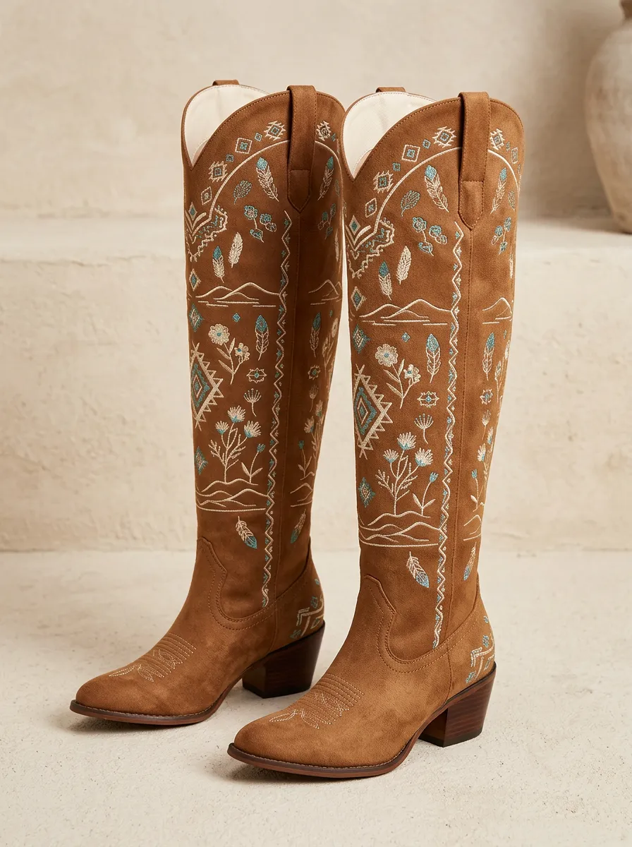 Women's Western Floral Feather Geometric Embroidered Pointed-Toe Block-Heel Denim Over-the-Knee Boots