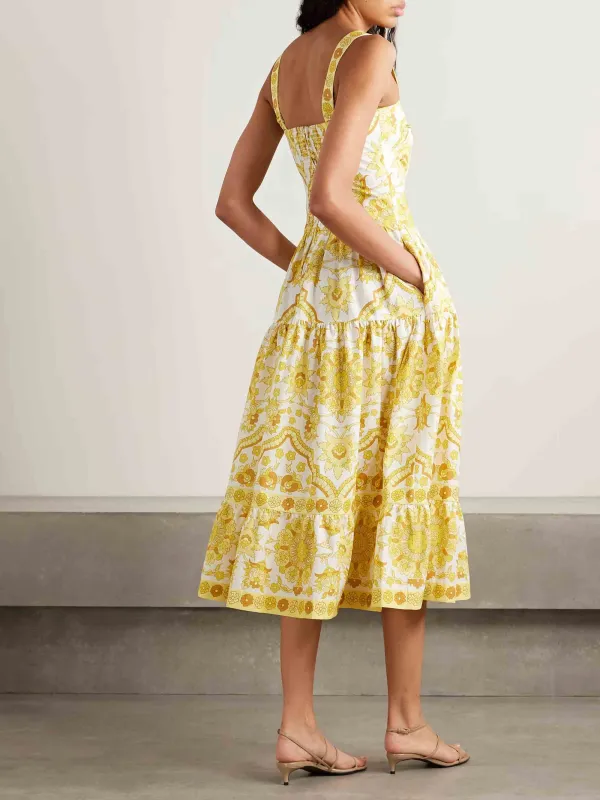 Tile Floral Print Buttoned Midi Dress