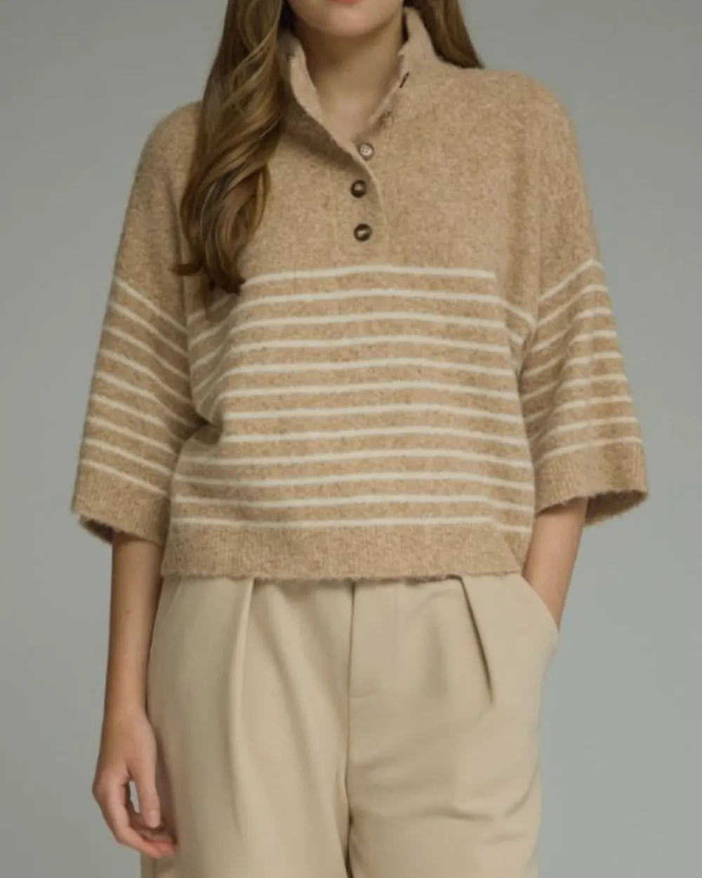 Relaxed Button Detail Stripe Sweater