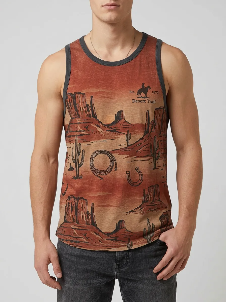 Men's Contrast Trim Desert Print Graphic Tank Top