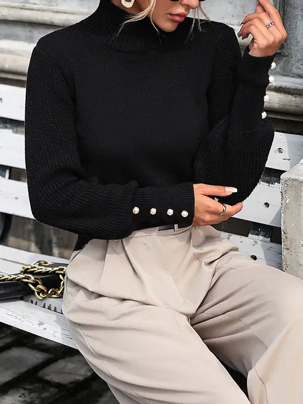 Beaded Paneled High Neck Long Sleeve Relaxed Fit Pullover Sweater