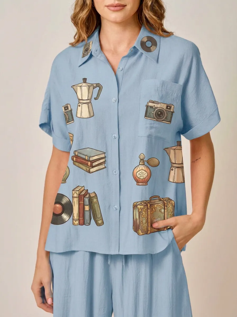 Women's Vintage Aesthetic Books Camera Coffee Printed Shirt