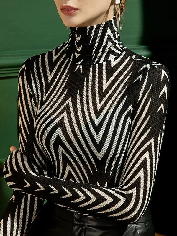 Long Sleeve Slim Fit Stripe High Neck T-Shirt