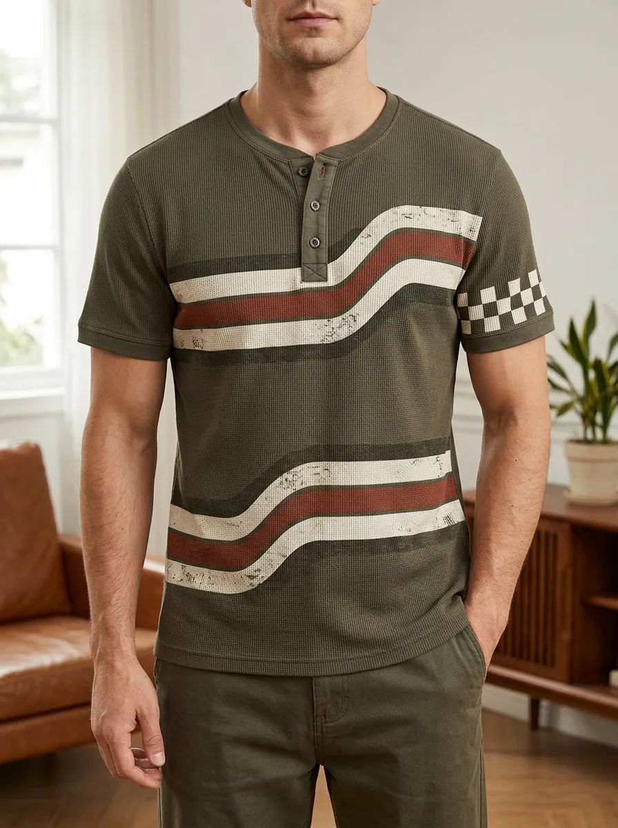 Men's Vintage Retro Striped Checkerboard Printed Henley T-shirt