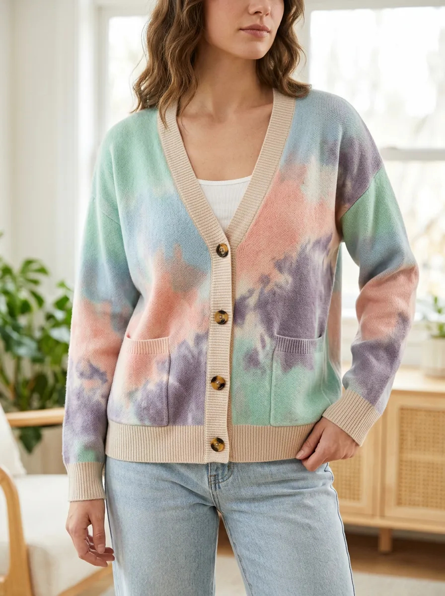 Women's Pastel Tie-Dye Pattern Printed Dropped Shoulder Weekend Casual Cardigan