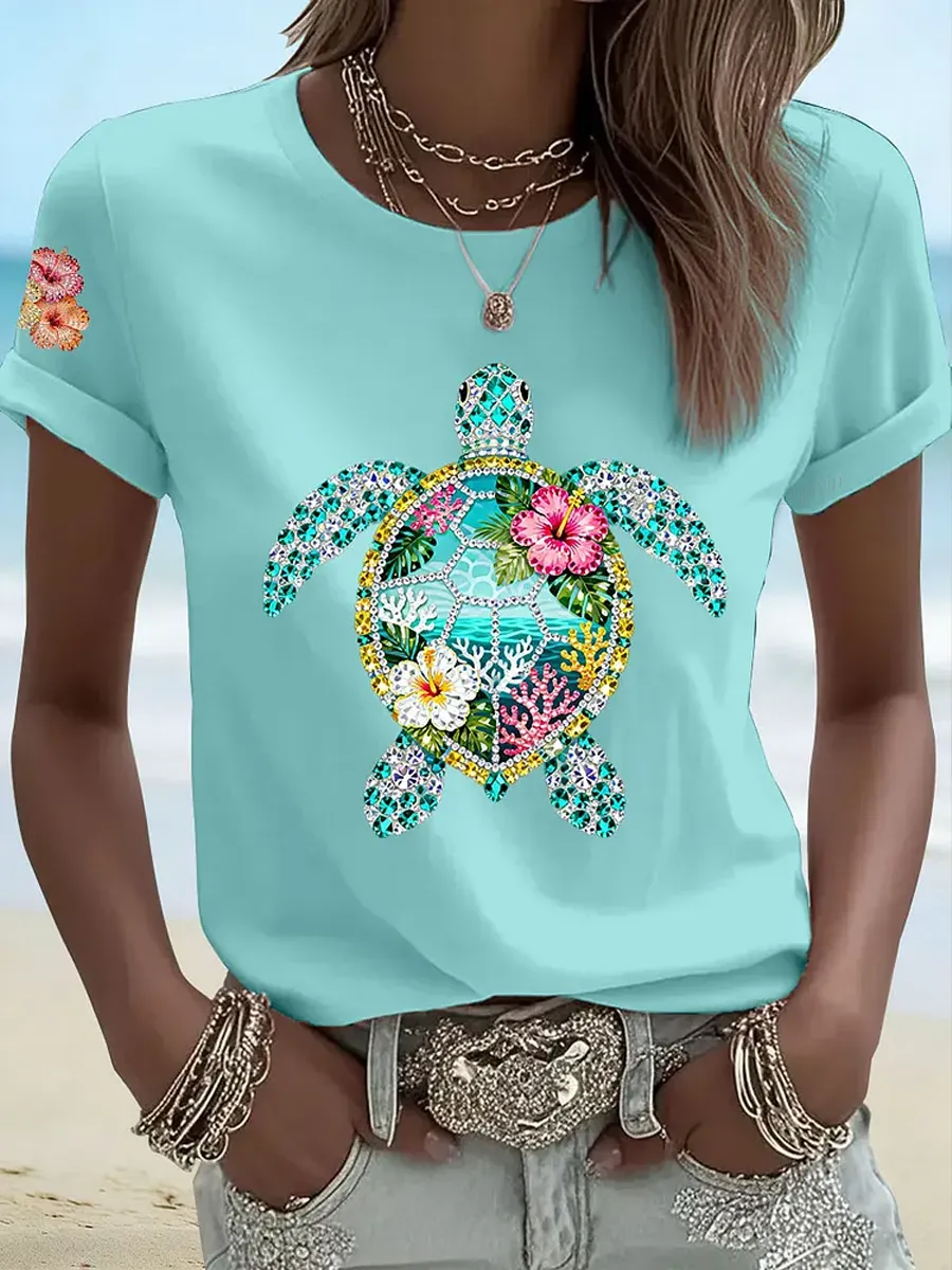 Women'S Hibiscus Turtle Print Casual T-Shirt