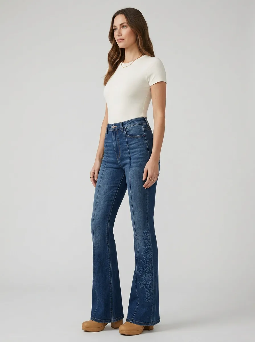 Women's Festival Inspired Floral Embroidered Print High Rise Flare Jeans