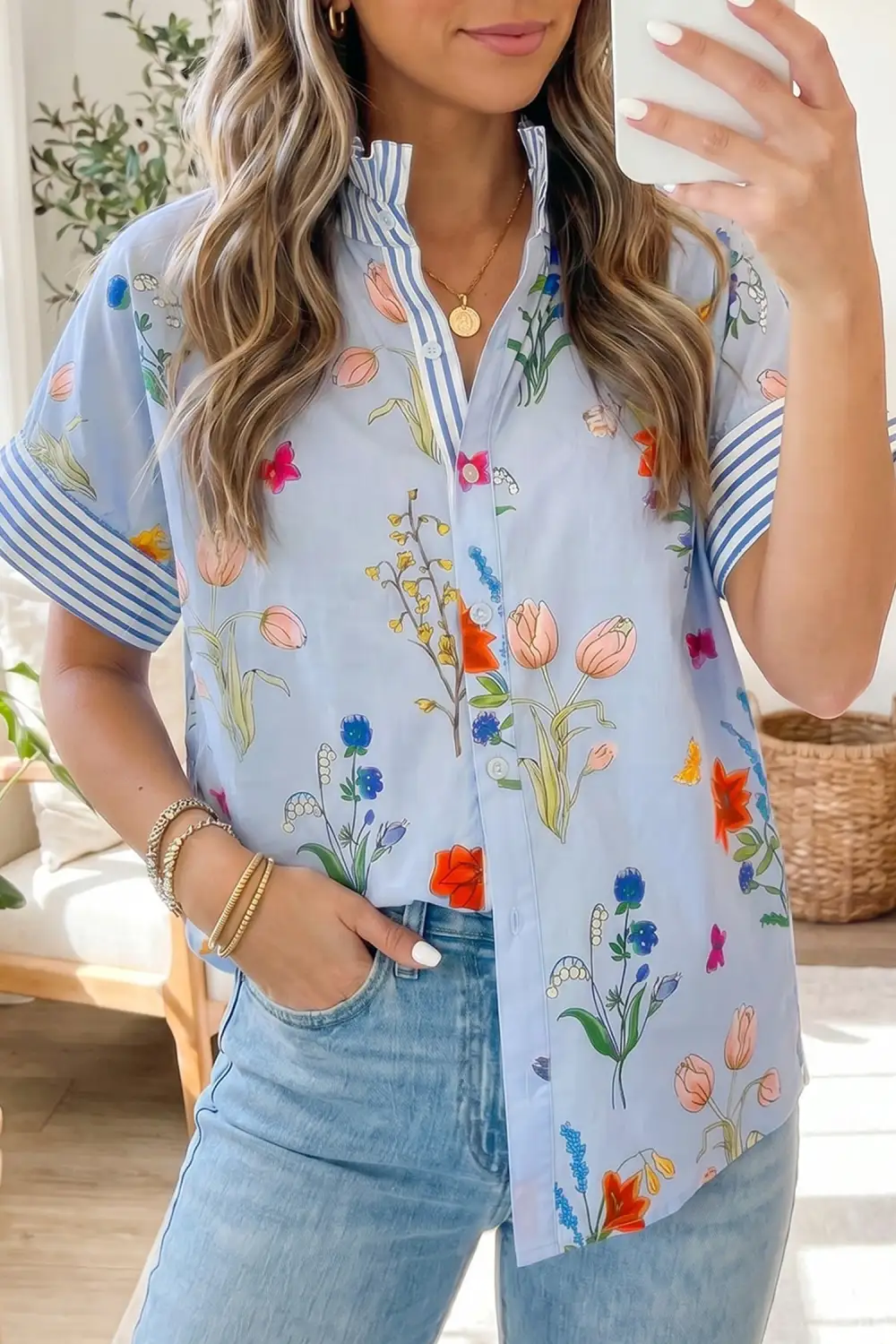 Soft Floral Ruffle Sleeve Casual Shirt