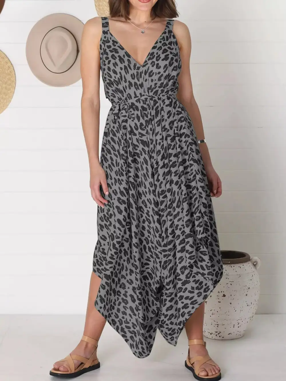 Plus Size Leopard Print V Neck Jumpsuit