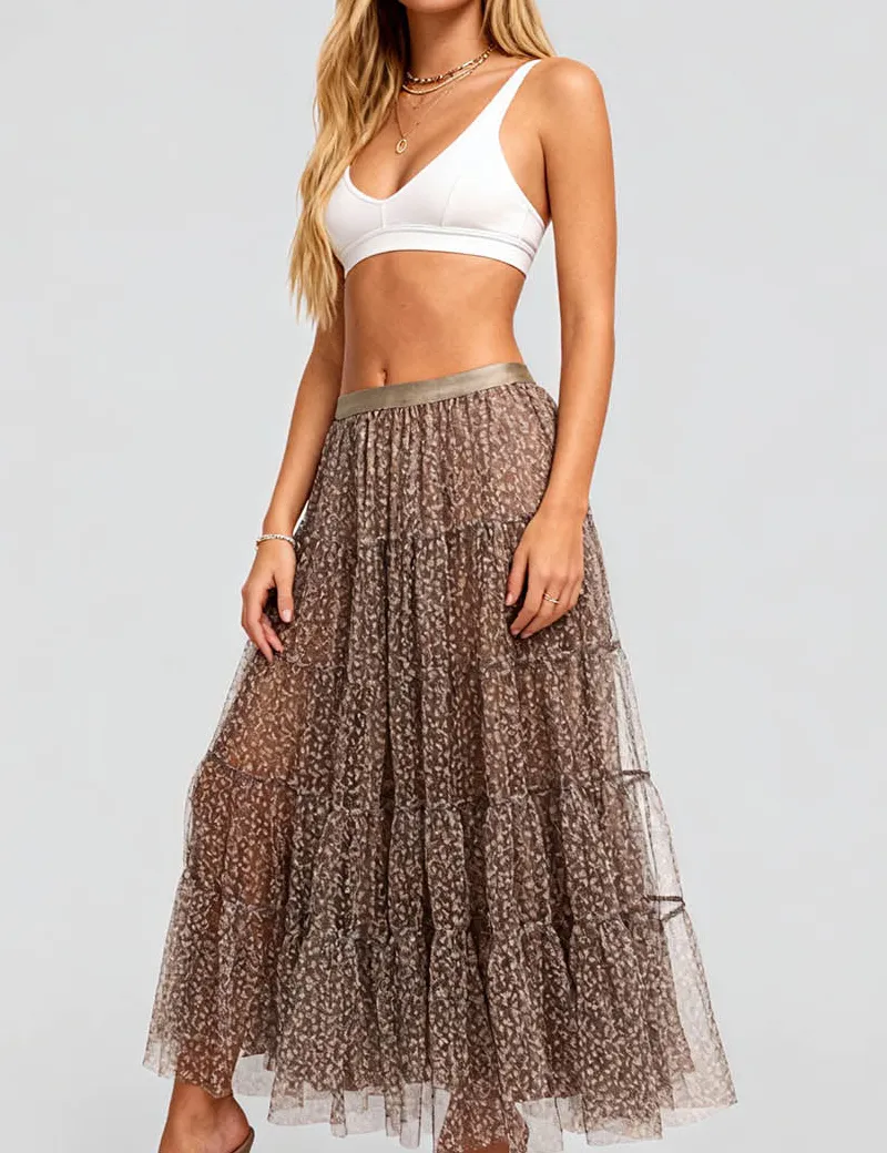 Elastic Waist Mesh Tiered Hem Maxi Skirt