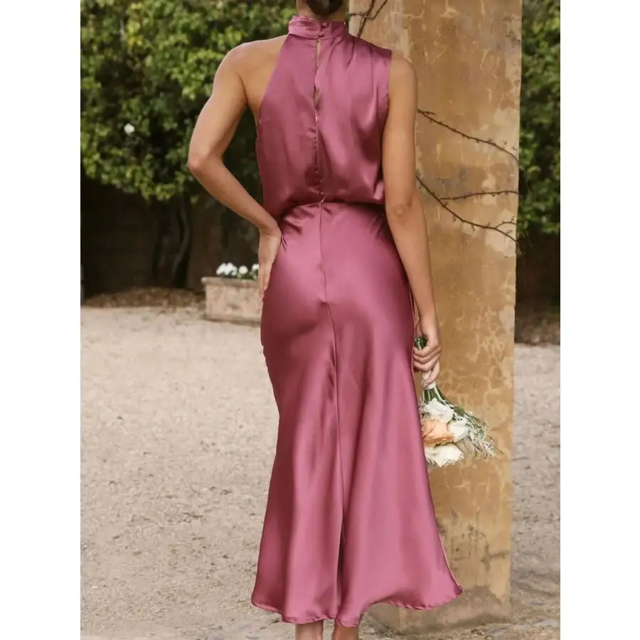Asymmetrical Ruched Sleeveless Midi Dress