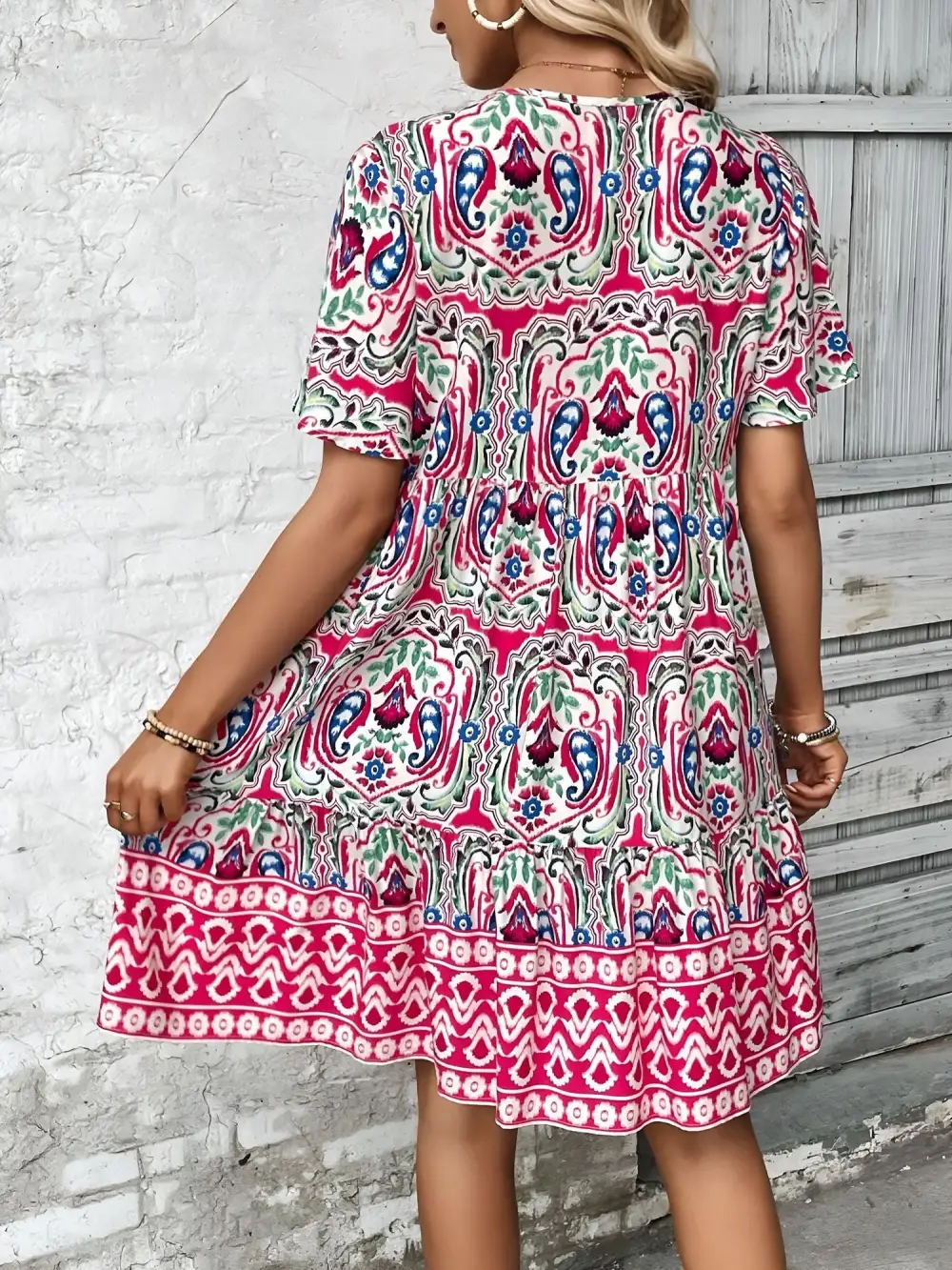 Boho-Print V-Neck Loose Fitting Mini Dress