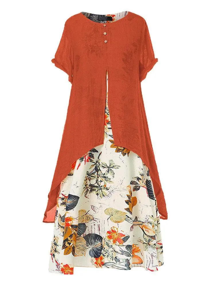 Autumn Cotton-linen print round neck fake two-piece dress short sleeve pullover Dress
