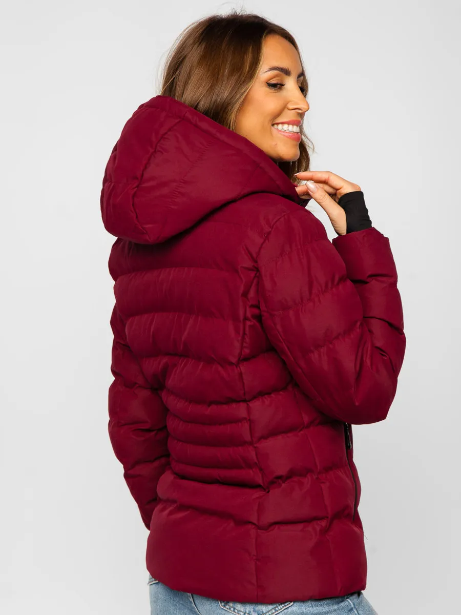 Wine Women's Quilted Winter Jacket With Hood