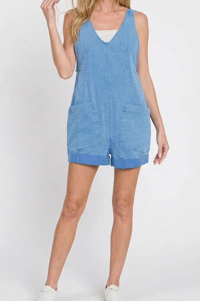 Washed Denim Romper With Pockets Ocean