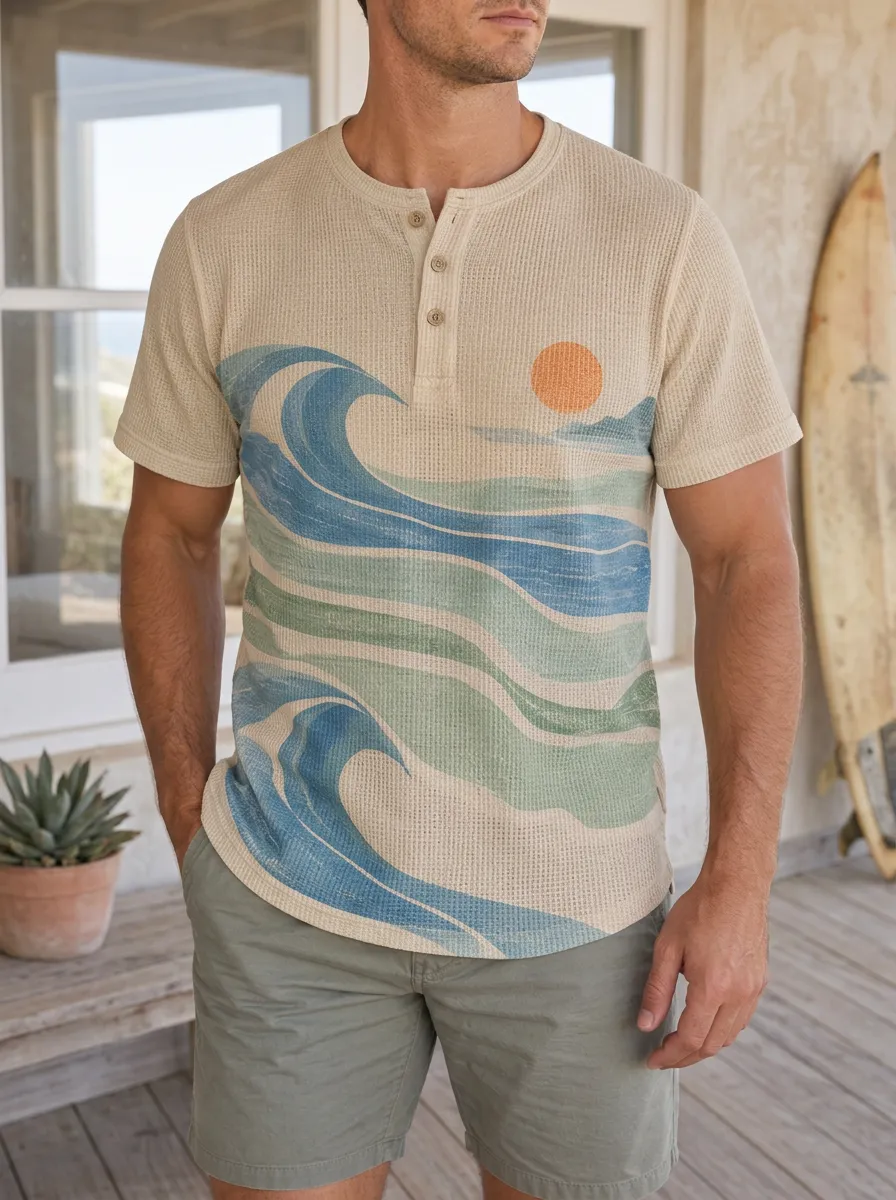 Men's Beach Surfer Ocean Wave Sun Printed Waffle Henley T-shirt