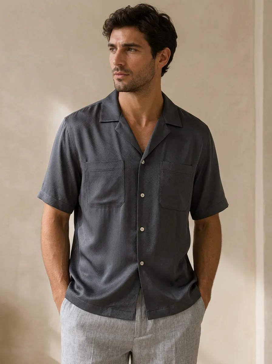 Men's Charcoal Geometric Jacquard Camp Collar Shirt