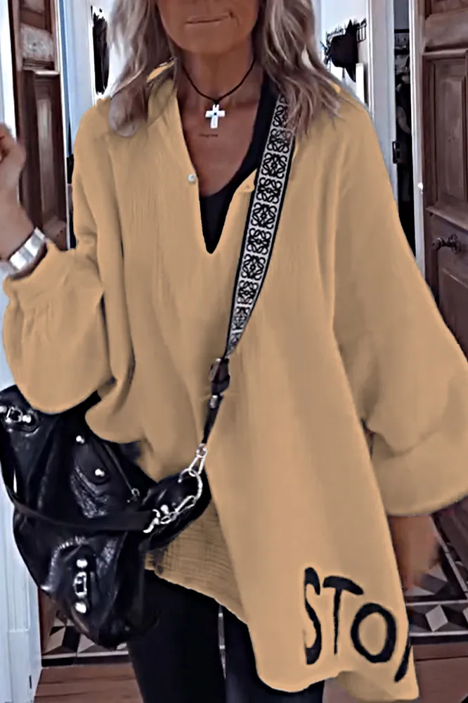 9PACK-Women'S Letter Cotton And Linen Casual Long-Sleeved Top