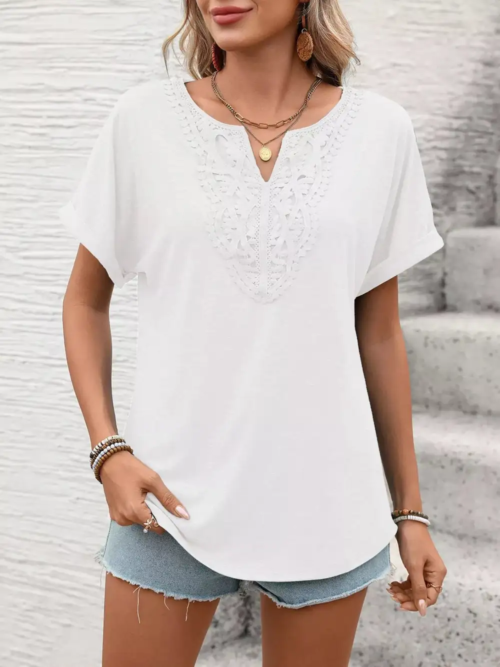 Lace Trim Detail Short Sleeve T-Shirt
