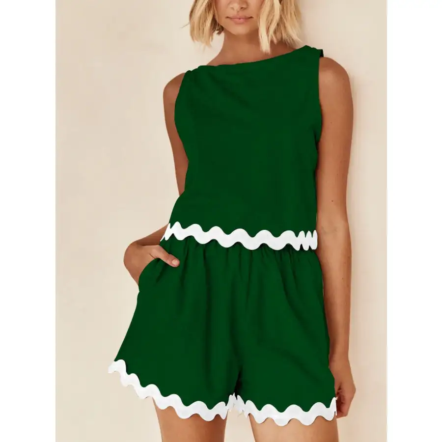 Contrast Trim Round Neck Tank and Shorts Set