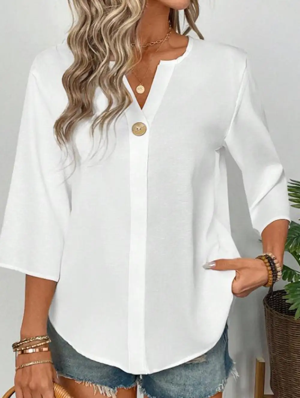 Linen V Neck Button Shirt